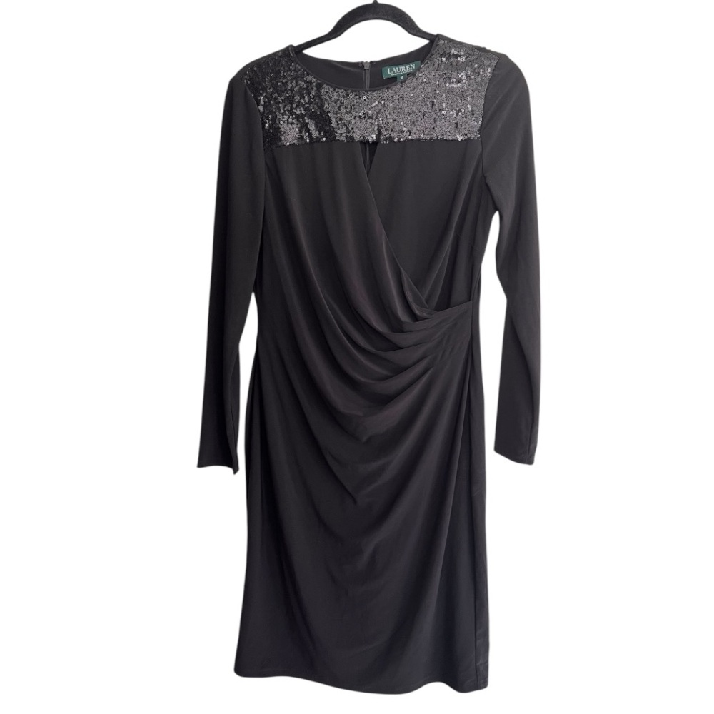 Ralph Lauren Black Sequin Keyhole Sheath
Faux Wrap Ruche Long Sleeve Dress